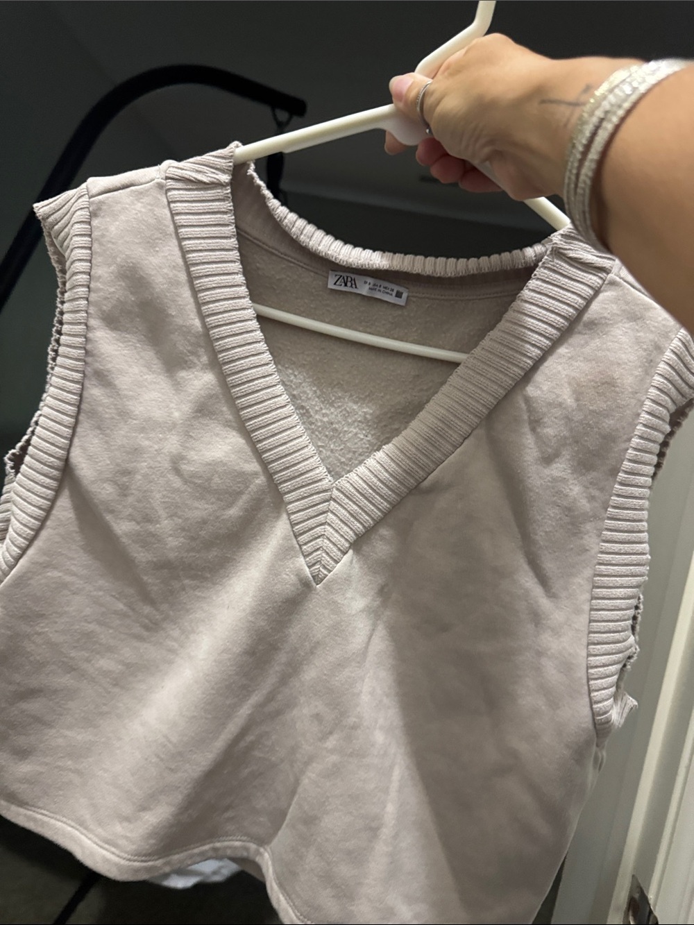 Zara Light Taupe V-Neck Sleeveless Knit-Trim Tank